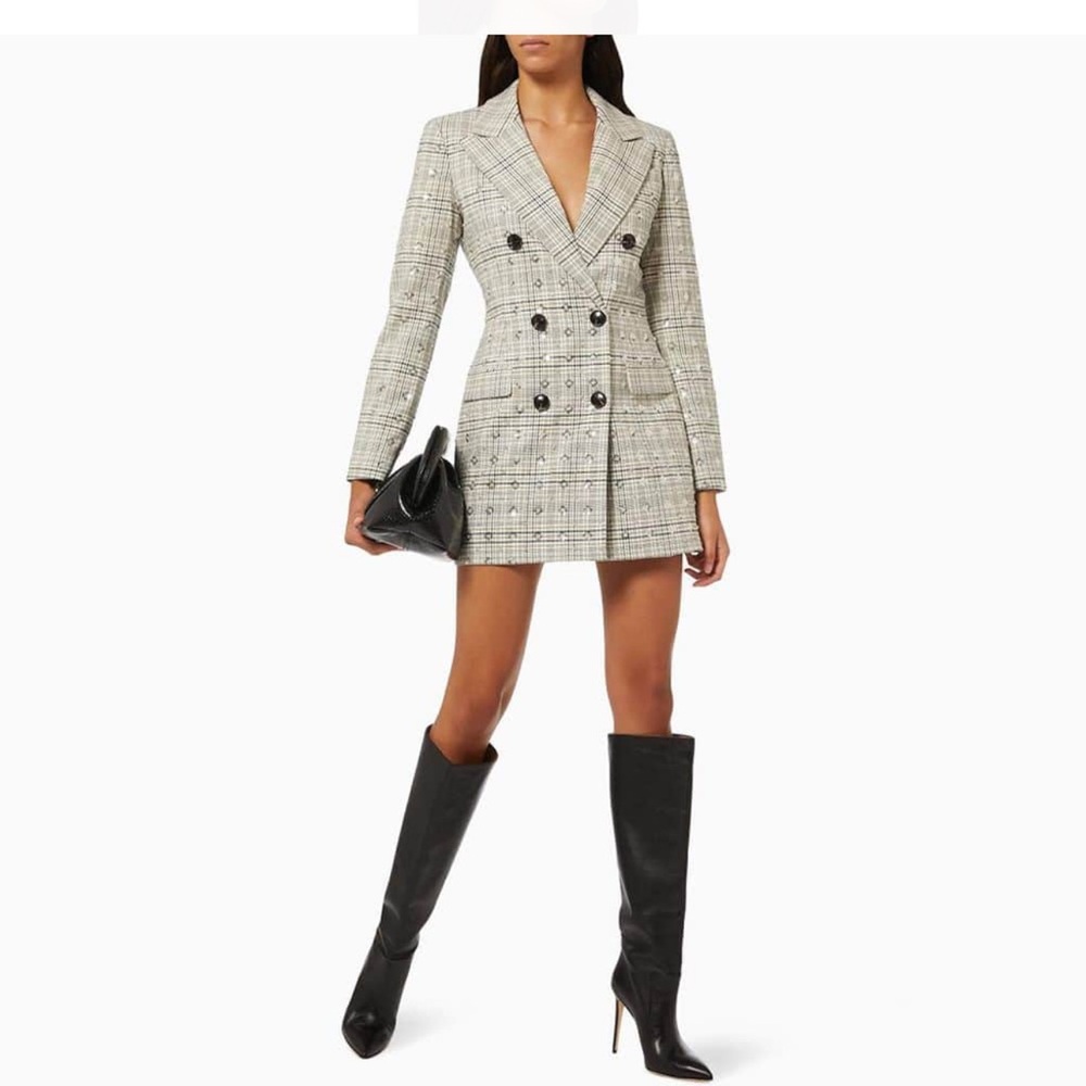 Self Portrait Embellished Checked Twill Mini Jacket Dress